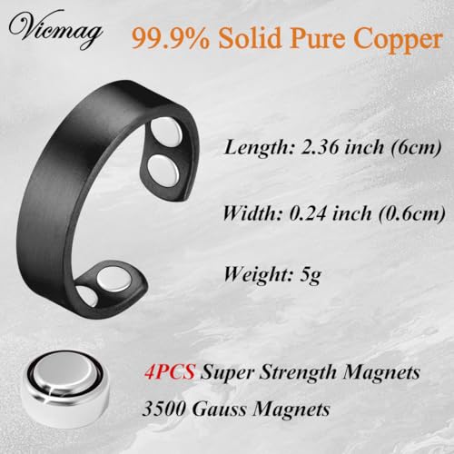 Vicmag Copper Magnetic Rings for Women 99.9% Copper Finger Ring Ultra Strength Magnet Gift Adjustable(4X Black) - Image 2