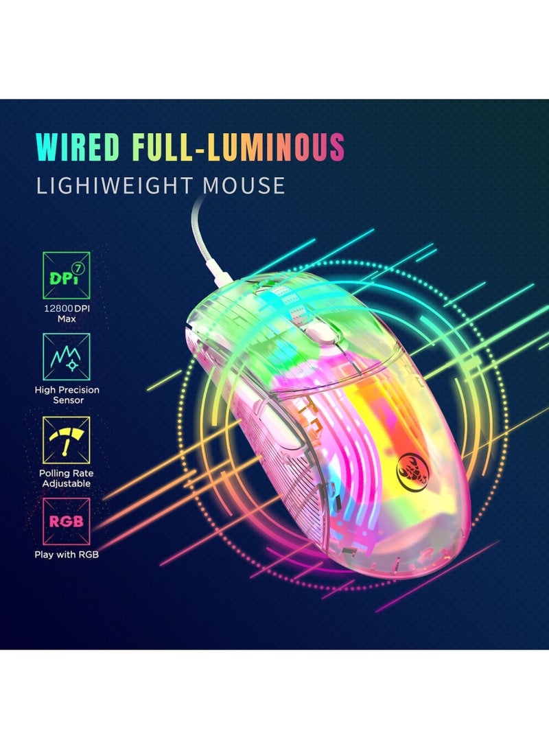Clear Wired Gaming Mouse with 12800 Max DPI,High Precision Chroma 3D RGB Lighting Computer USB Mouse 6 Macro Programming Buttons Ergonomic 100% Transparent PC Mice