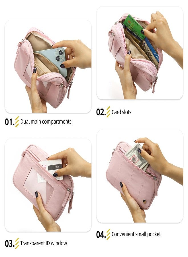 Didida Wristlet Purses for Women,Crossbody with ID Window Purses,Coin Purse with 4 Zipper,Pink Nylon Crossbody Bags - Image 2