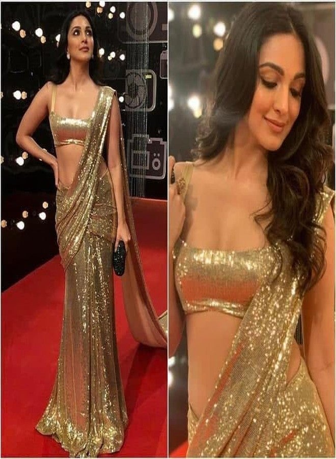 Women's Heavy Embroidery Sequins Work Georgette Saree For Women Wedding Bollywood Saree (GOLD) - Image 2