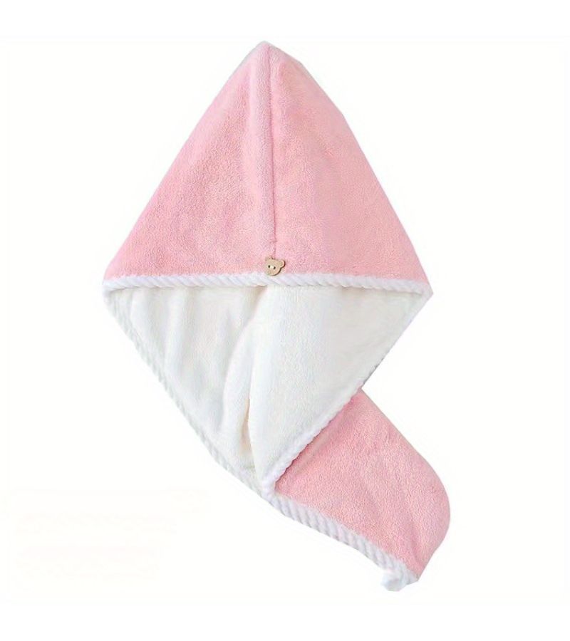 Farmhouse Style Double Layer Thickened Hair Towel Wrap Ultra Soft Coral Fleece Quick Dry Turban With Bear Button High Absorbency For Shower And Bath Gray Pink 15 75x23 62 - Image 4