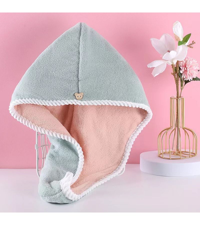 Farmhouse Style Double Layer Thickened Hair Towel Wrap Ultra Soft Coral Fleece Quick Dry Turban With Bear Button High Absorbency For Shower And Bath Gray Pink 15 75x23 62 - Image 2