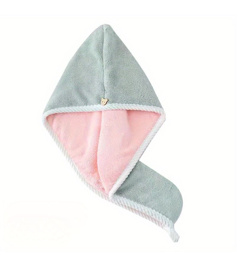 Farmhouse Style Double Layer Thickened Hair Towel Wrap Ultra Soft Coral Fleece Quick Dry Turban With Bear Button High Absorbency For Shower And Bath Gray Pink 15 75x23 62 - Image 5