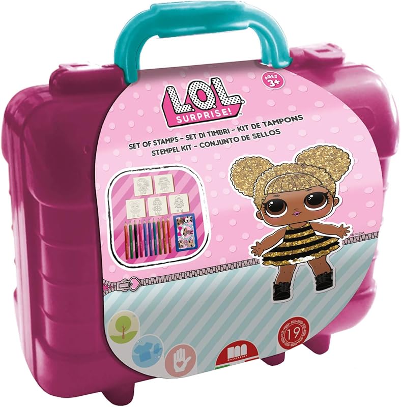 Multiprint Tashe Travel Set LOL Surprise, Made in Italy, Colouring Book, with Puzzles and Colouring Pencils, Stamp Set Children, in Wood and Natural Rubber, Non-Toxic Washable Ink, Gift Idea,