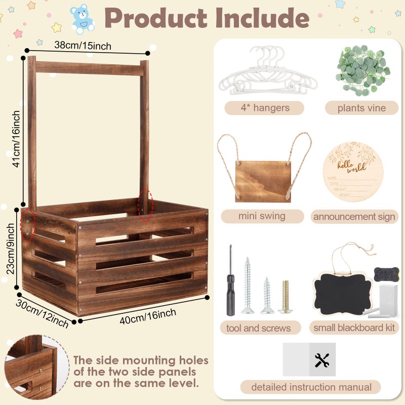 ELESTONE Wooden Baby Shower Crate Closet with Handle and Garland, Large Capacity Baby Baskets for Baby Shower, Easy Assembly Baby Shower Basket for Welcome Newborn Parents Party (Dark Walnut) - Image 2