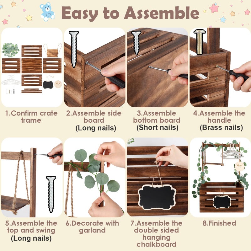 ELESTONE Wooden Baby Shower Crate Closet with Handle and Garland, Large Capacity Baby Baskets for Baby Shower, Easy Assembly Baby Shower Basket for Welcome Newborn Parents Party (Dark Walnut) - Image 3