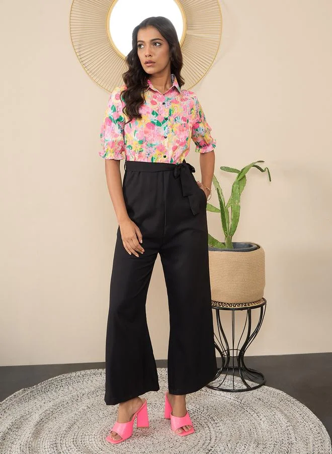 Stylestone Floral Print Spread Collar Buttoned Jumpsuit