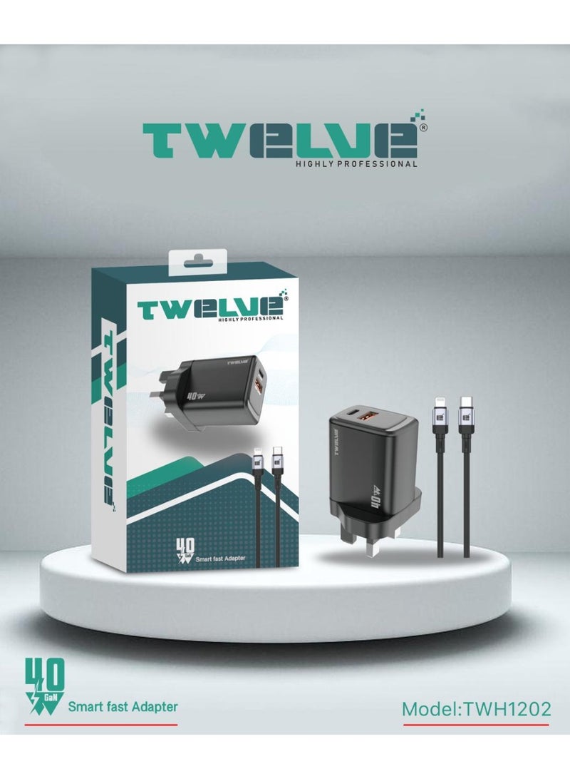TWELVE 40W GaN Fast Charger with USB-C & USB-A Dual Port, Type-C to Lightning Cable, Power Delivery Wall Adapter for iPhone and Apple Devices. - Image 1