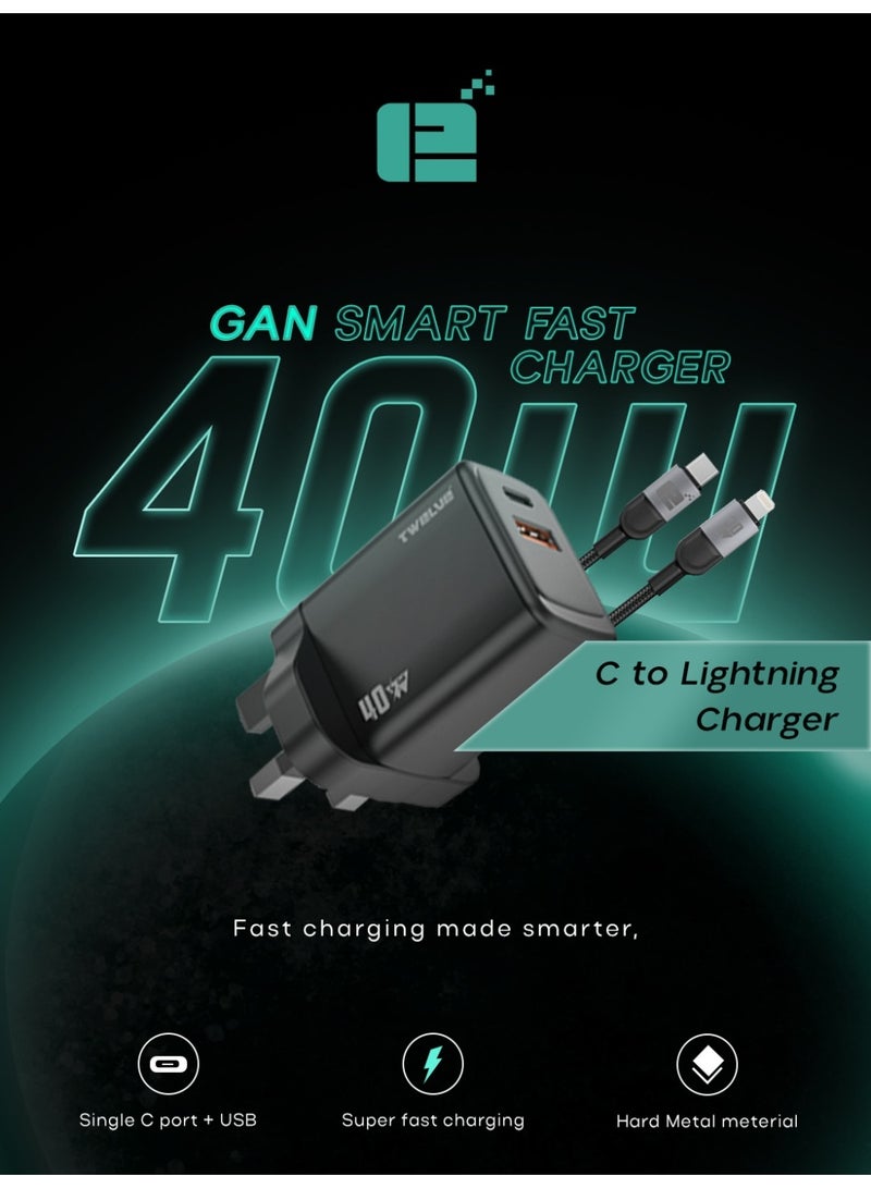 TWELVE 40W GaN Fast Charger with USB-C & USB-A Dual Port, Type-C to Lightning Cable, Power Delivery Wall Adapter for iPhone and Apple Devices. - Image 2