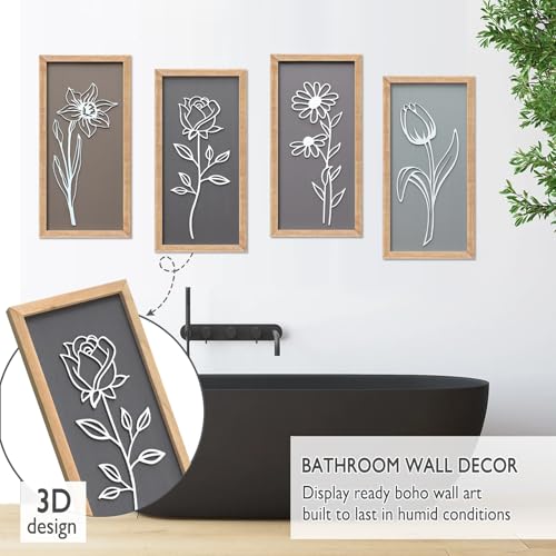 Cpcdaosk 3D Wooden Floral Framed Wall Decor of 4, 7"X16" Farmhouse Vintage Boho Minimalist Flower Wall Art for Living Room, Rustic Retro Moody Vertical Tulip Rose Daisy Daffodil Botanical Wall Sculptures - Image 5