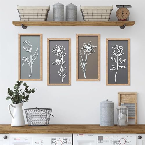 Cpcdaosk 3D Wooden Floral Framed Wall Decor of 4, 7"X16" Farmhouse Vintage Boho Minimalist Flower Wall Art for Living Room, Rustic Retro Moody Vertical Tulip Rose Daisy Daffodil Botanical Wall Sculptures - Image 3