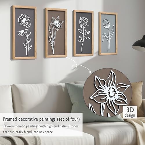 Cpcdaosk 3D Wooden Floral Framed Wall Decor of 4, 7"X16" Farmhouse Vintage Boho Minimalist Flower Wall Art for Living Room, Rustic Retro Moody Vertical Tulip Rose Daisy Daffodil Botanical Wall Sculptures - Image 4