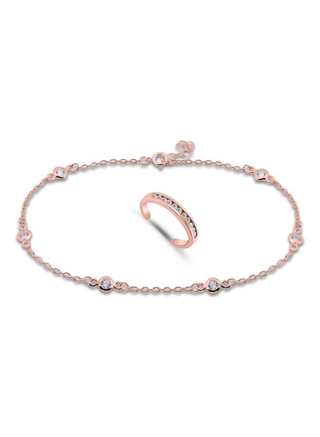 Hoops & Loops Rose Gold Tone over Sterling Silver Cubic Zirconia Anklet and Toe Ring Set - Image 1