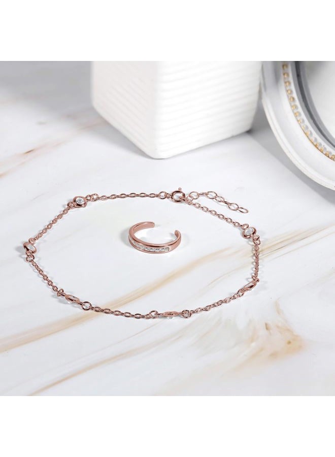 Hoops & Loops Rose Gold Tone over Sterling Silver Cubic Zirconia Anklet and Toe Ring Set - Image 5