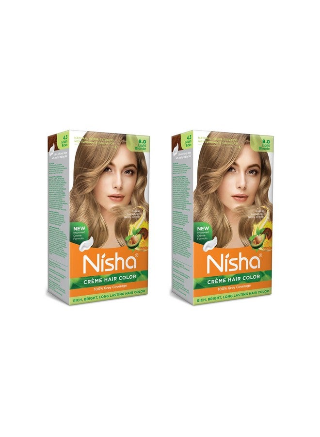Nisha Cr�Me Hair Color With Natural Henna Extracts For Unisex 90Ml + 60G + 18Ml 8.0 Light Blonde (Pack Of 2) - Image 1