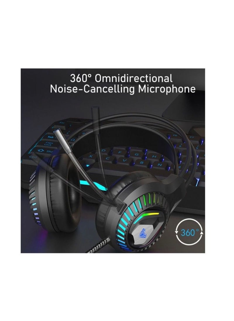 AULA USB Wired Gaming Headset 7.1 Surround Sound, with Microphone, LED Lights, Soft Memory Earmuffs, Noise Cancelling Mic Headphones for PC Computer Office/Games (USB)