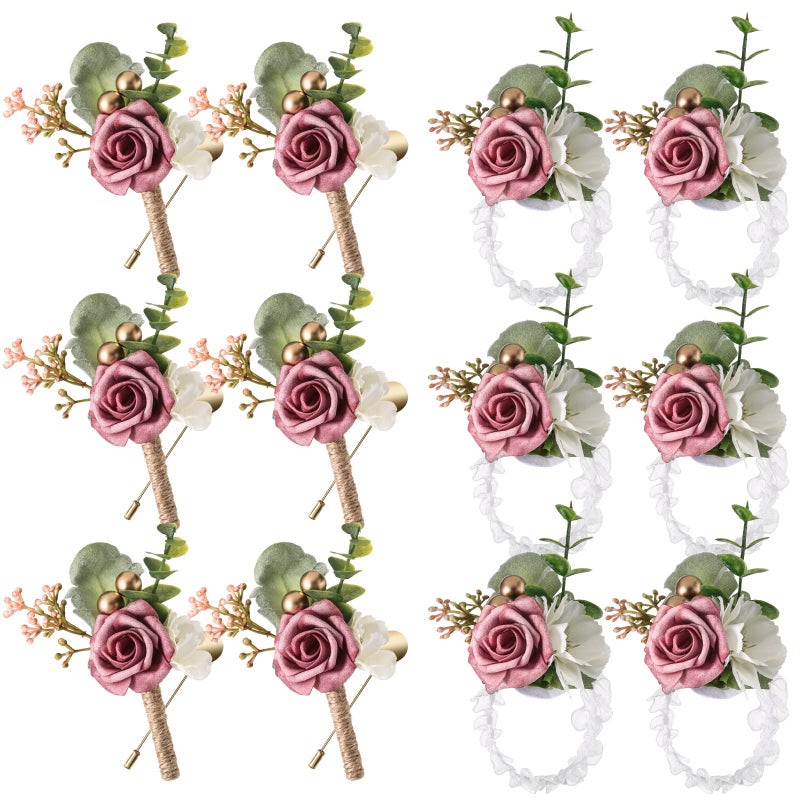 Canlierr 12 Pcs Wedding Wrist Corsage and Boutonniere Set Rose Wrist Corsage for Prom Boutonniere for Men Wedding Flowers Accessories Prom Suit Decorations for Wedding Ceremony Anniversary Dusty Rose