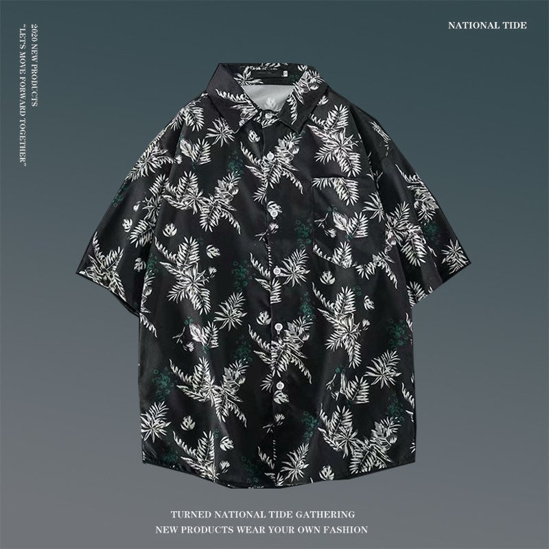 Japanese Style Ins Hong Kong Style Summer Short-Sleeved Floral Shirt Men'S Retro Loose Shirt For Hawaiian Beach Couples Women'S Loose Shirt - Image 1