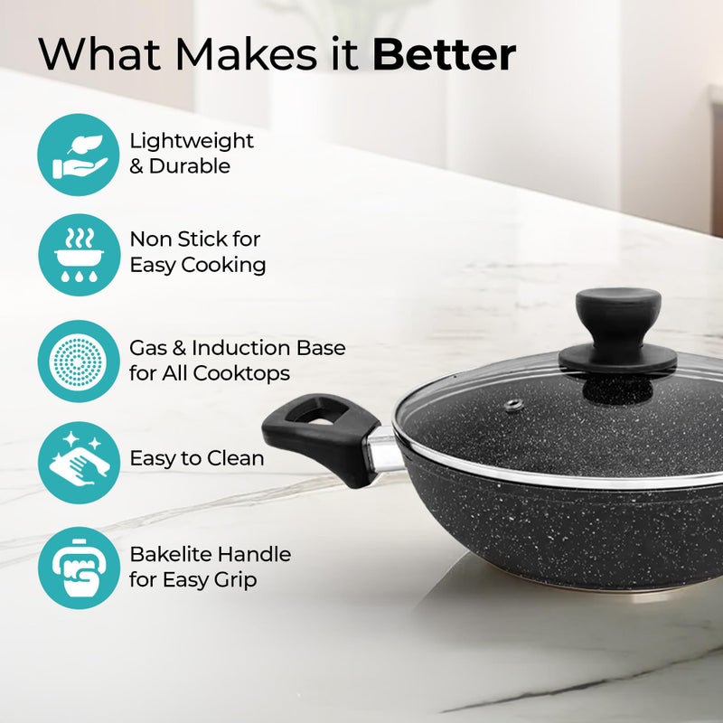 The Better Home مقلاة جرانيت غير لاصقة من ذا بيتر هوم مع غطاء (3 مم، 2.5 لتر-24 سم) | مقلاة غاز واندكشن | مؤكسدة صلبة للقلي العميق | 3 طبقات طلاء | متوافقة مع الغاز والاندكشن - Image 2