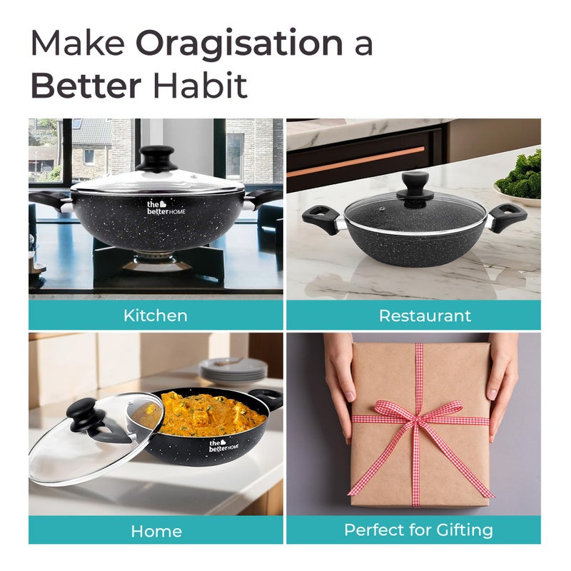 The Better Home مقلاة جرانيت غير لاصقة من ذا بيتر هوم مع غطاء (3 مم، 2.5 لتر-24 سم) | مقلاة غاز واندكشن | مؤكسدة صلبة للقلي العميق | 3 طبقات طلاء | متوافقة مع الغاز والاندكشن - Image 4