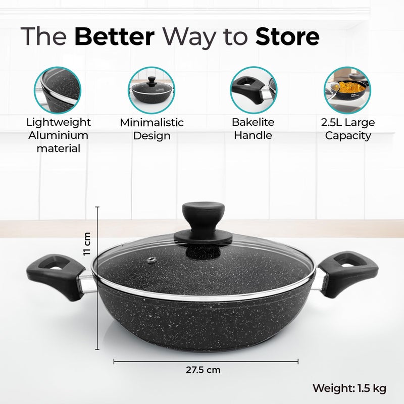 The Better Home مقلاة جرانيت غير لاصقة من ذا بيتر هوم مع غطاء (3 مم، 2.5 لتر-24 سم) | مقلاة غاز واندكشن | مؤكسدة صلبة للقلي العميق | 3 طبقات طلاء | متوافقة مع الغاز والاندكشن - Image 3