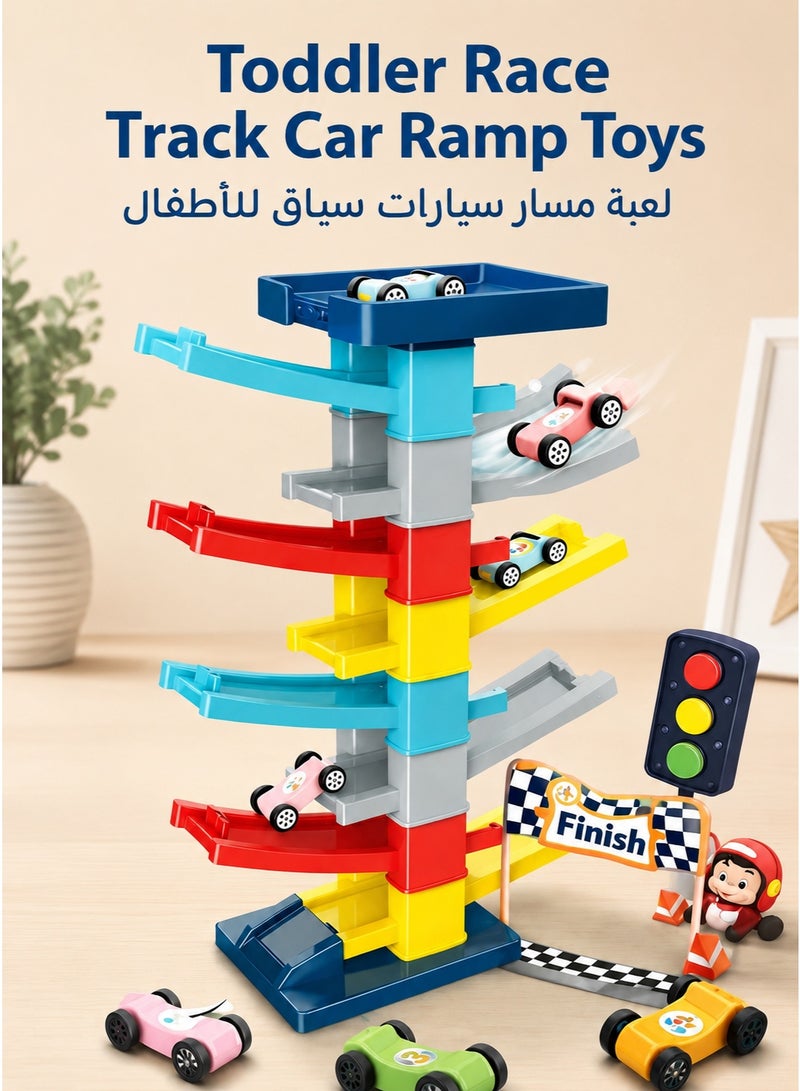 نوريلو منحدر سيارات سباق للأطفال الصغار مع 9 منحدرات و4 سيارات صغيرة، لعبة منحدر سيارات متعددة المستويات، لعبة سباق تعليمية للأطفال من 3 إلى 6 سنوات - Image 1