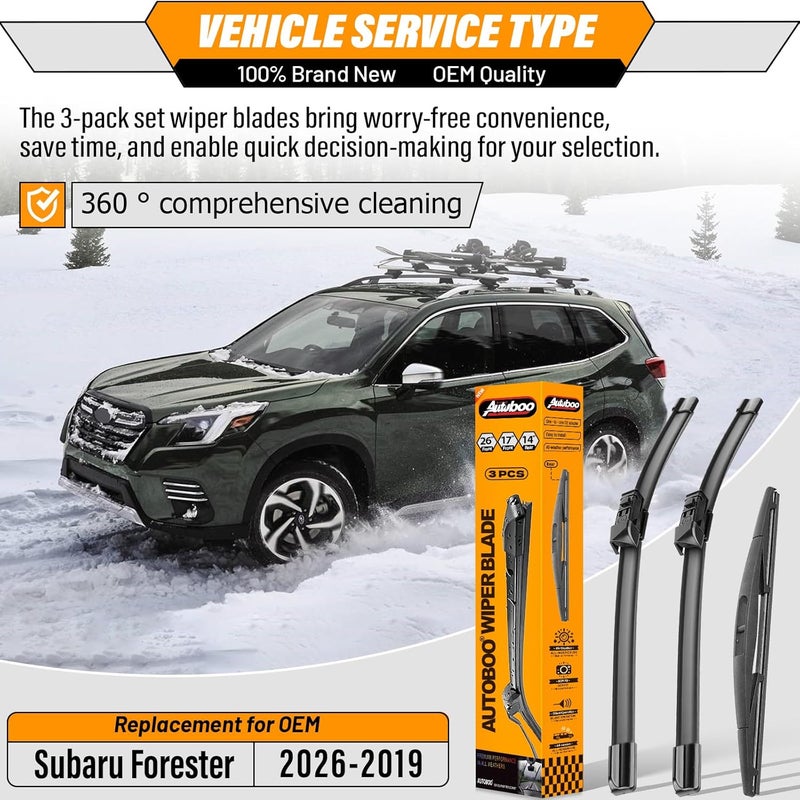 AUTOBOO 26"+17" Windshield Wipers with 14" Rear Wiper Blade Replacement for Subaru Forester 2019 2020 2021 2022 2023 -Original Factory Quality (Pack of 3) - Image 2