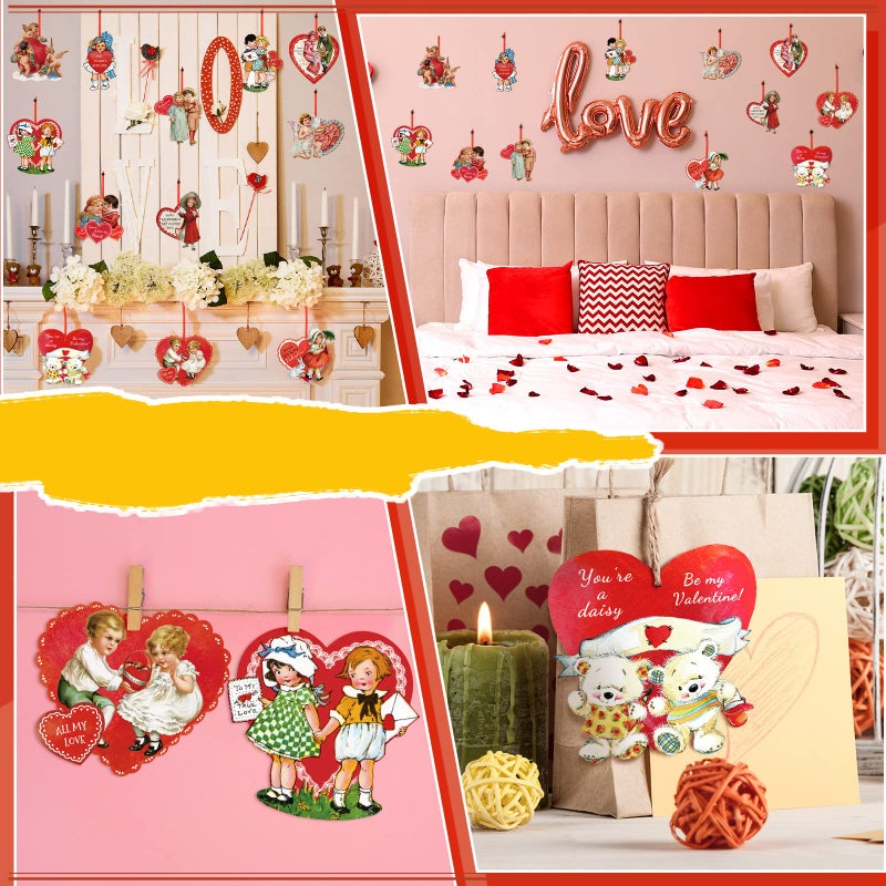 Perthlin 48 Pcs Vintage Valentine Hanging Ornaments Retro Valentines Tree Ornaments Heart Cut Out Decorations for Valentine's Day Party Favors Classroom Home Window Wall Anniversary Supplies - Image 5
