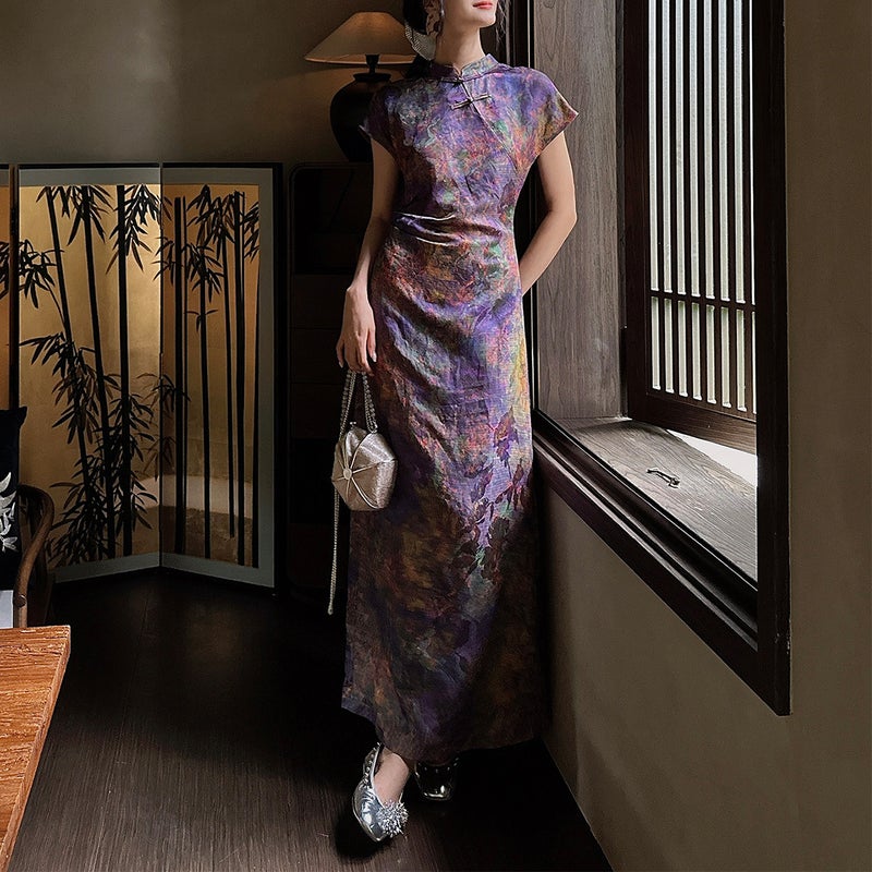 Chinese-style Linen-effect Qipao Dress - Image 4
