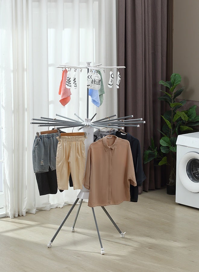 لوازم منشر ملابس دوّار بطبقتين - 112×112×172 سم - منشر ثلاثي القاعدة بعجلات ودوران 360° مع 16 عمود تجفيف قابل للتمديد ومشابك - مناسب لتجفيف الملابس داخل المنزل أو خارجه - Image 1