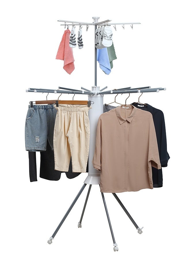 لوازم منشر ملابس دوّار بطبقتين - 112×112×172 سم - منشر ثلاثي القاعدة بعجلات ودوران 360° مع 16 عمود تجفيف قابل للتمديد ومشابك - مناسب لتجفيف الملابس داخل المنزل أو خارجه - Image 2