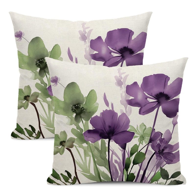 Linen Floral Pillow Covers 18x18 Inches Set of 2 - Sage Green Floral Pillow Covers with Hidden Zipper Closure for Home Sofa Outdoor Decor - Image 1