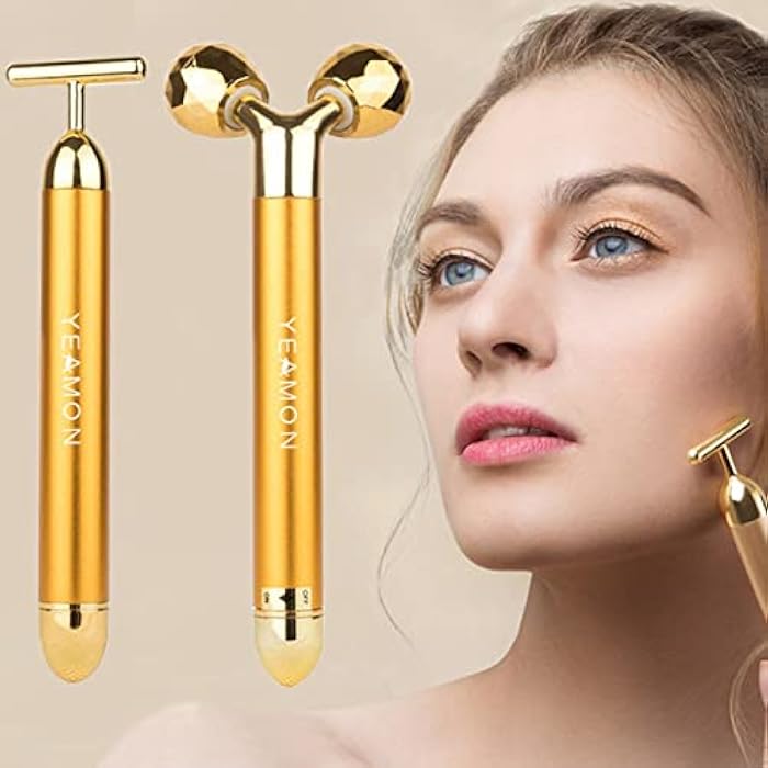 Yeamon 2 in 1 Face Massager Golden Facial Electric 3D Roller and T Shape Arm Eye Nose Massager Skin Care Tool - Image 1