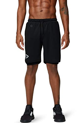 Pinkbomb Men's 2 in 1 Running Shorts Gym Workout Quick Dry Mens Shorts with Phone Pocket (Black, Large) - Image 3