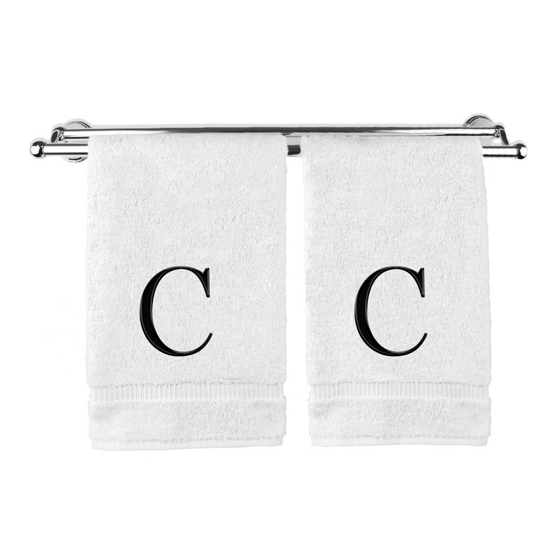 BC BARE COTTON Monogrammed Hand Towel  Personalized Gift  Set of 2- Black Block Letter Embroidered Towel - Extra Absorbent 100% Turkish Cotton - Soft Terry Finish - Initial C White - Image 1