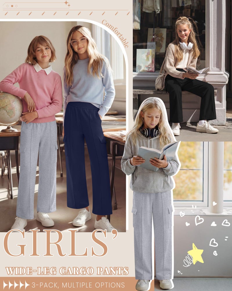 LessonZoo 3 Pack Girls Wide Leg Sweatpants Cargo Pants High Waisted Baggy Causal Loose Kids Elastic Waistband Pants Joggers(Navy, Light Gray, Black,13-14 Years) - Image 5