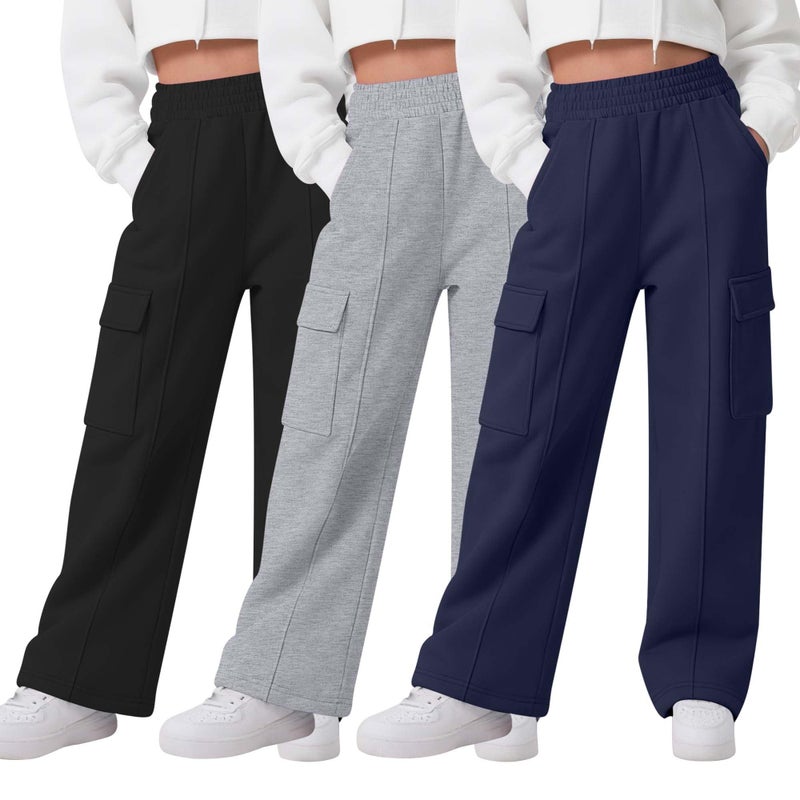 LessonZoo 3 Pack Girls Wide Leg Sweatpants Cargo Pants High Waisted Baggy Causal Loose Kids Elastic Waistband Pants Joggers(Navy, Light Gray, Black,13-14 Years) - Image 1