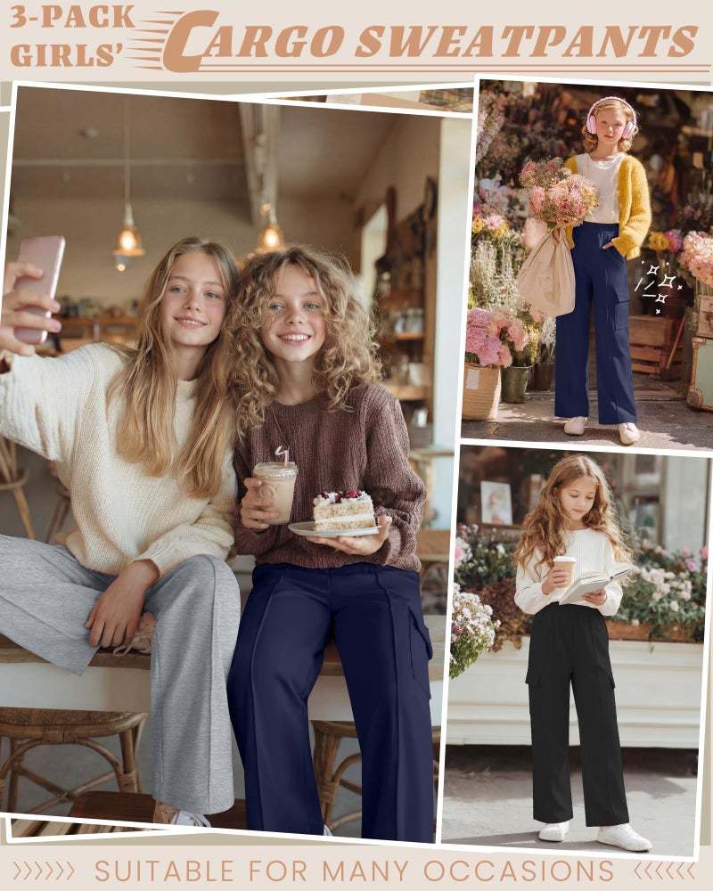 LessonZoo 3 Pack Girls Wide Leg Sweatpants Cargo Pants High Waisted Baggy Causal Loose Kids Elastic Waistband Pants Joggers(Navy, Light Gray, Black,13-14 Years) - Image 4