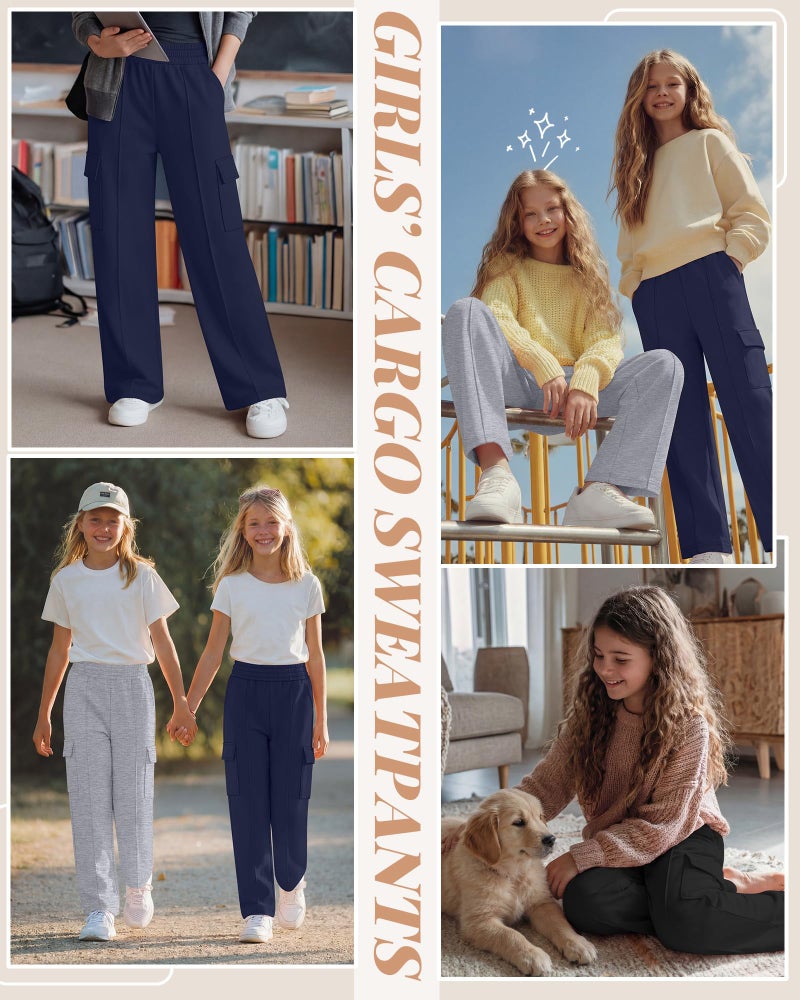 LessonZoo 3 Pack Girls Wide Leg Sweatpants Cargo Pants High Waisted Baggy Causal Loose Kids Elastic Waistband Pants Joggers(Navy, Light Gray, Black,13-14 Years) - Image 2
