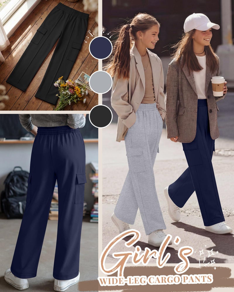 LessonZoo 3 Pack Girls Wide Leg Sweatpants Cargo Pants High Waisted Baggy Causal Loose Kids Elastic Waistband Pants Joggers(Navy, Light Gray, Black,13-14 Years) - Image 3
