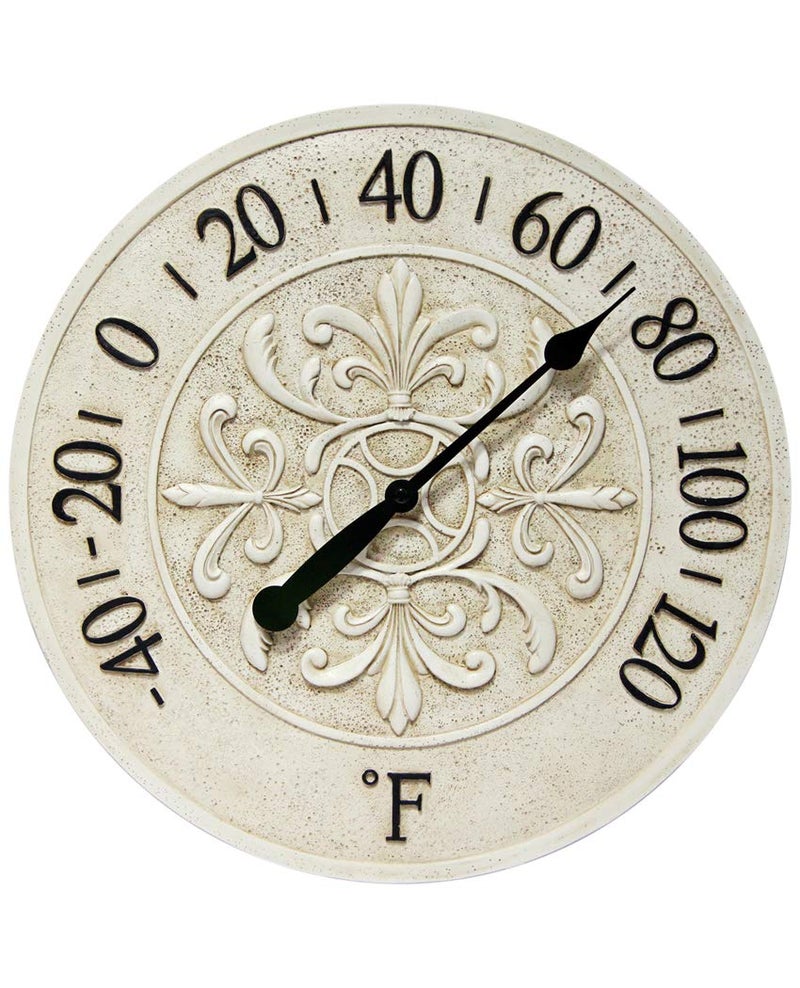 Infinity Instruments Blanc Fleur 15 inch Decorative Outdoor Thermometer for Garage, Patio, Backyard, Outdoor Wall, Fence Outdoor Thermometer Decorative Patio Thermometer Vintage Antique Aged White Ivory Easy to Read - Image 1