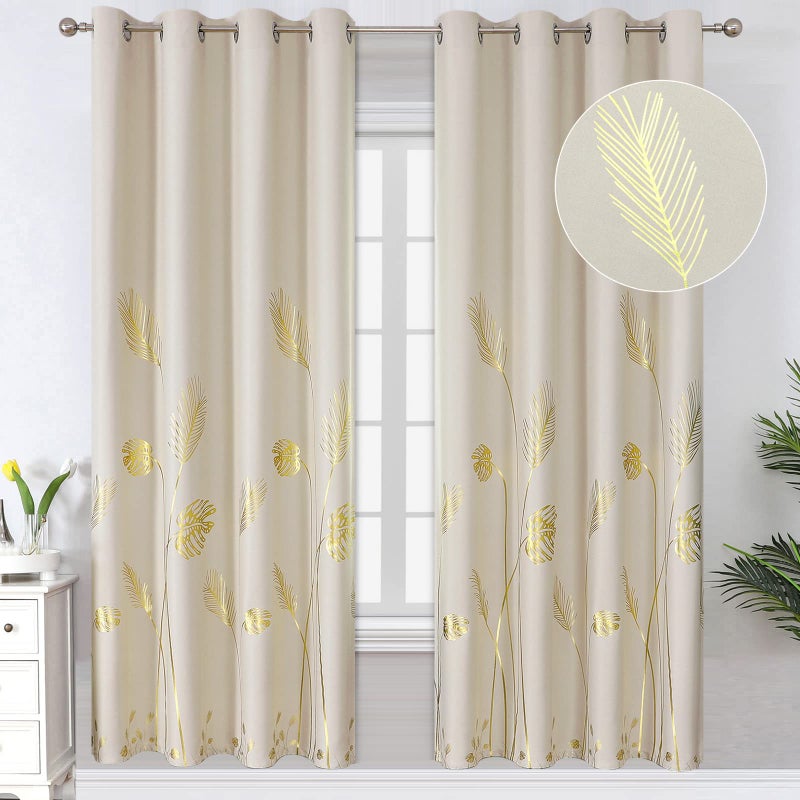 Estelar Textiler Blackout Window Curtain Panels Grommet Thermal Insulated Gold Palm Tree Wheat Pattern Room Darkening Curtains for Living Room  52Wx72L  Cream Beige  2 Panels - Image 1