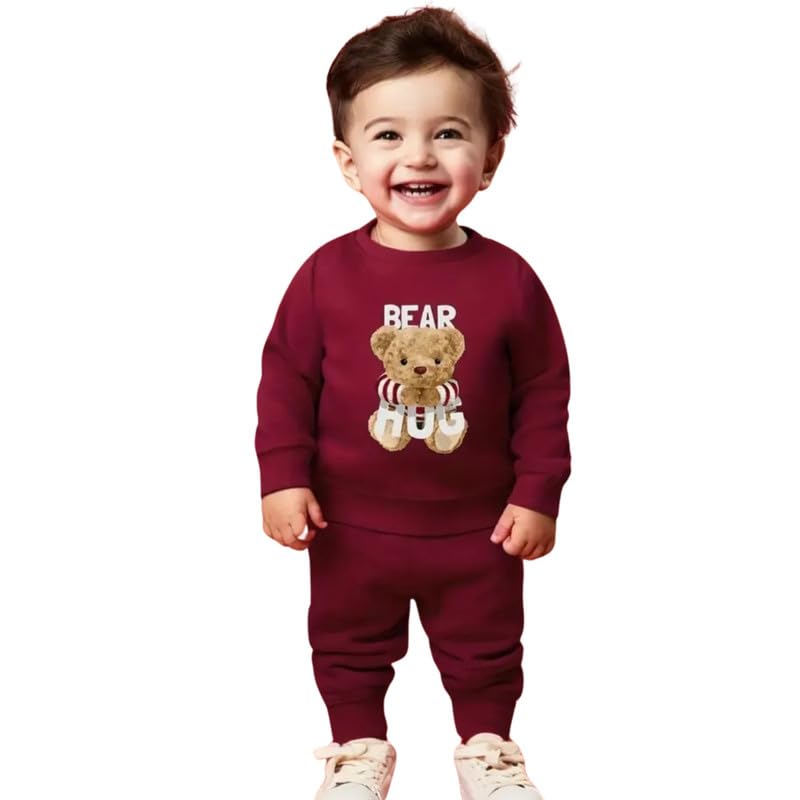 Fommy Cotton Baby Clothing Set - Cute Teddy Bear T-Shirt & Pant Outfit for Boys & Girls | Perfect Baby Dress, T-Shirt & Pants Combo | Stylish Baby Wear (Soft Maroon Bear Hug, 1-2 Year), Printed - Image 1