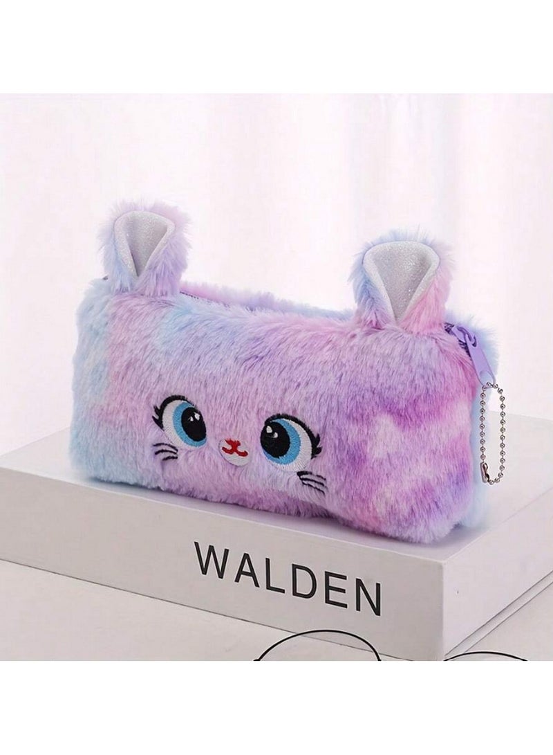 علبة أقلام فرو لطيفة على شكل أرنب – حقيبة أقلام بألوان بنفسجية ناعمة مع سحاب، سعة كبيرة للمدرسة والمكتب - Image 1
