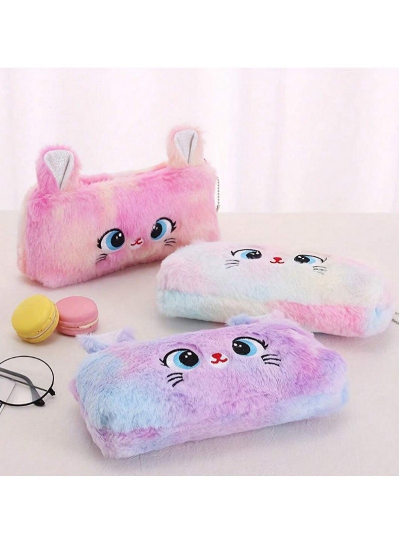 علبة أقلام فرو لطيفة على شكل أرنب – حقيبة أقلام بألوان بنفسجية ناعمة مع سحاب، سعة كبيرة للمدرسة والمكتب - Image 2