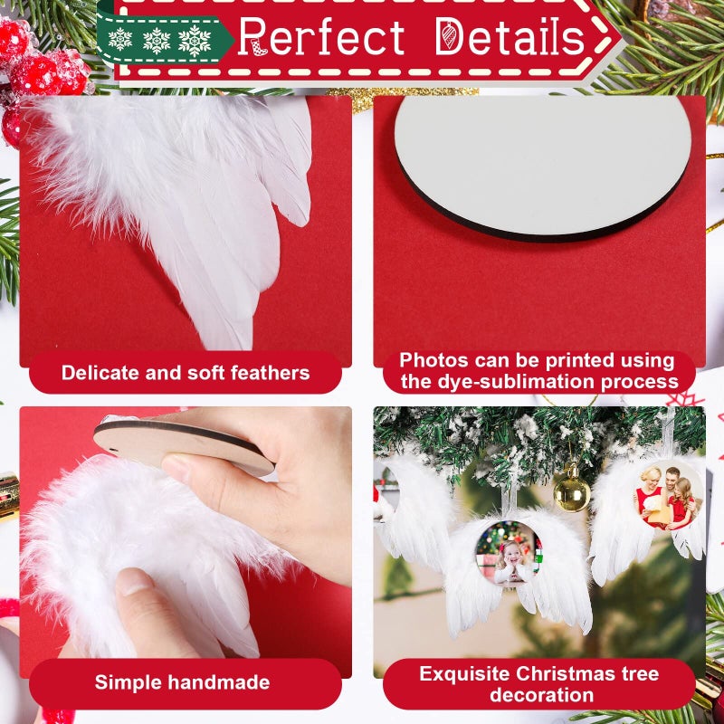 Amyhill Christmas Sublimation Ornament Blank Decor White Angel Wings DIY Xmas Ornament Craft Hanging  Feather Hanging with Pendants for Christmas Tree Angel Wings Decor(24 Pcs Round Style) - Image 3