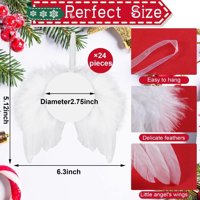 Amyhill Christmas Sublimation Ornament Blank Decor White Angel Wings DIY Xmas Ornament Craft Hanging  Feather Hanging with Pendants for Christmas Tree Angel Wings Decor(24 Pcs Round Style) - Image 2
