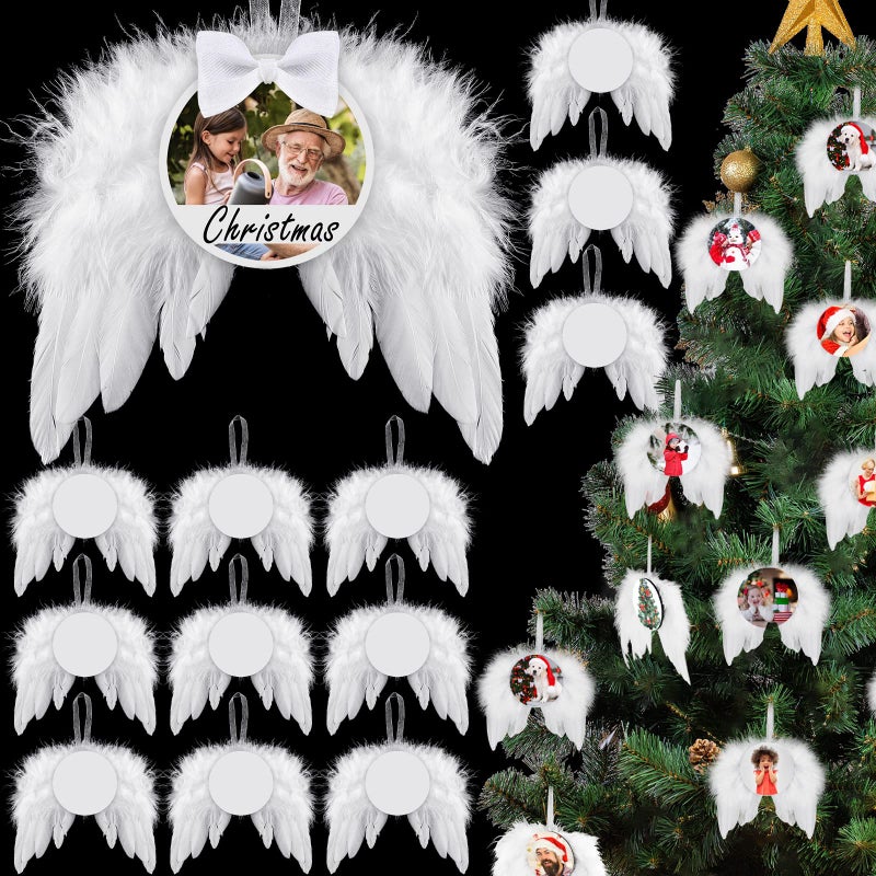 Amyhill Christmas Sublimation Ornament Blank Decor White Angel Wings DIY Xmas Ornament Craft Hanging  Feather Hanging with Pendants for Christmas Tree Angel Wings Decor(24 Pcs Round Style) - Image 1