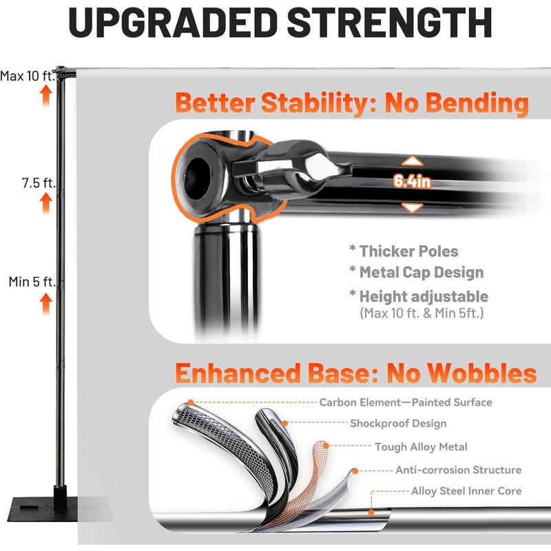 Toolterritary Heavy Duty Pipe and Drape Frame Kit 10x10ft Adjustable Height/Width Photography Background Support Poles All-Metal Construction Backdrop Stand for Party, Birthday, Wedding - Black - Image 4