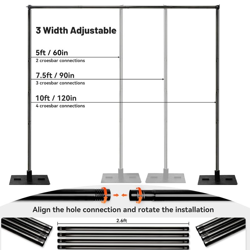 Toolterritary Heavy Duty Pipe and Drape Frame Kit 10x10ft Adjustable Height/Width Photography Background Support Poles All-Metal Construction Backdrop Stand for Party, Birthday, Wedding - Black - Image 3